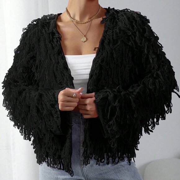 Black Casual Women's Solid Color Coil Knitted Cardigan - Picture 4 of 7